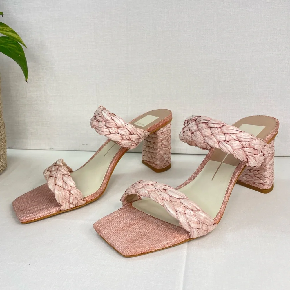 DOLCE VITA Paily Pink Raffia Straw Block Sandal Heels 9.5 ( G‎ 115)